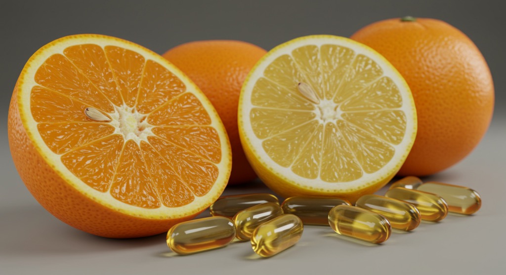 Sliced lemons and oranges alongside transparent vitamin C capsules, symbolizing ascorbic acid’s natural sources and health benefits.