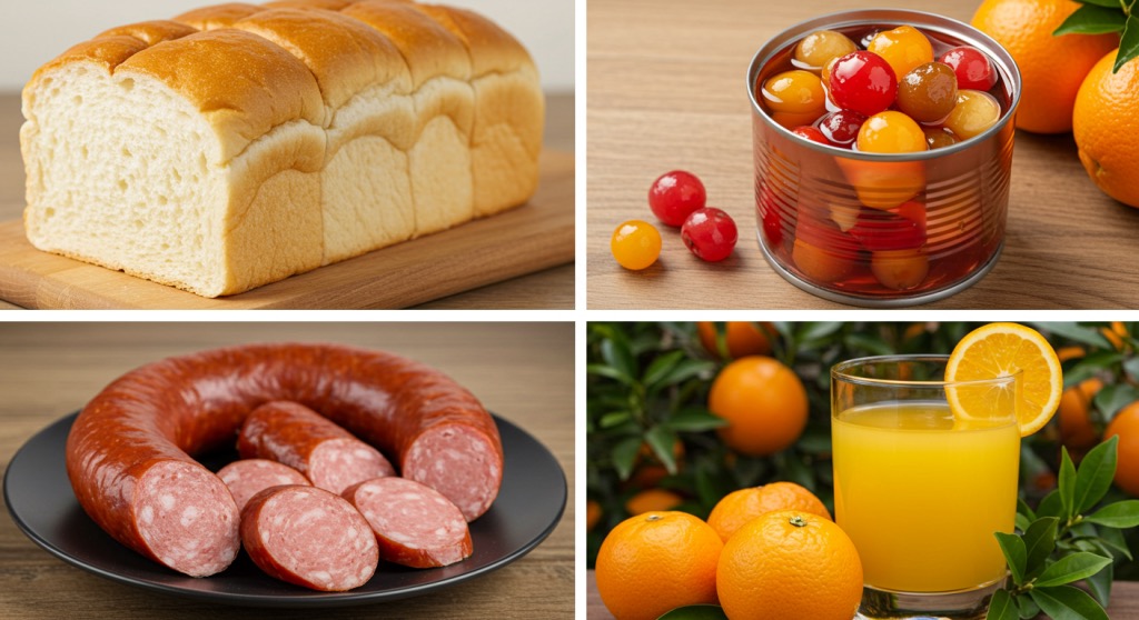 Four images showing ascorbic acid’s applications: fluffy bread, fresh canned fruits, vibrant sausages, and orange juice.